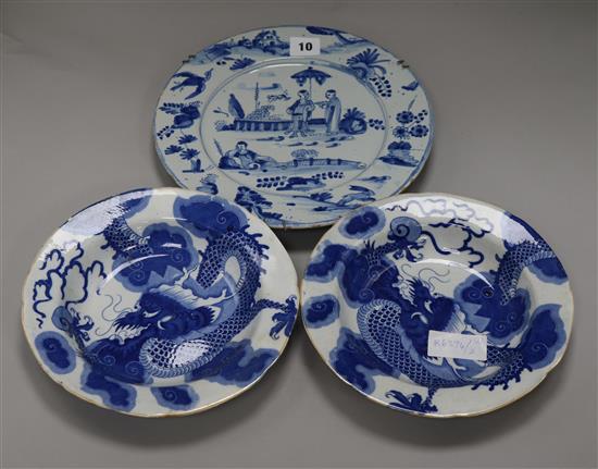 A Dutch Delft plate and two blue and white English dishes plate diameter 27cm